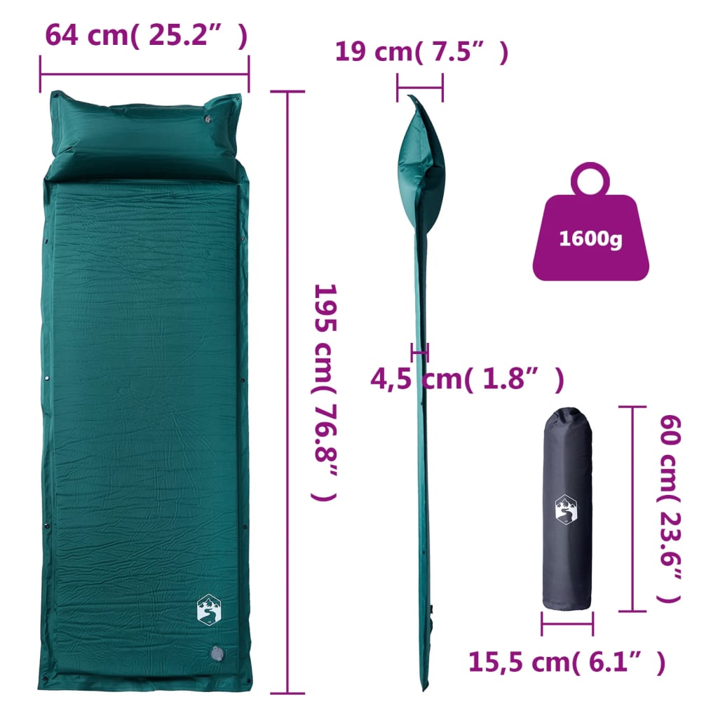 Materasso Campeggio Autogonfiabile Con Cuscini 1 Persona Verde