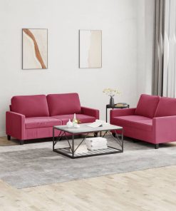 Set Di Divani 2 Pz Con Cuscini Rosso Vino In Velluto