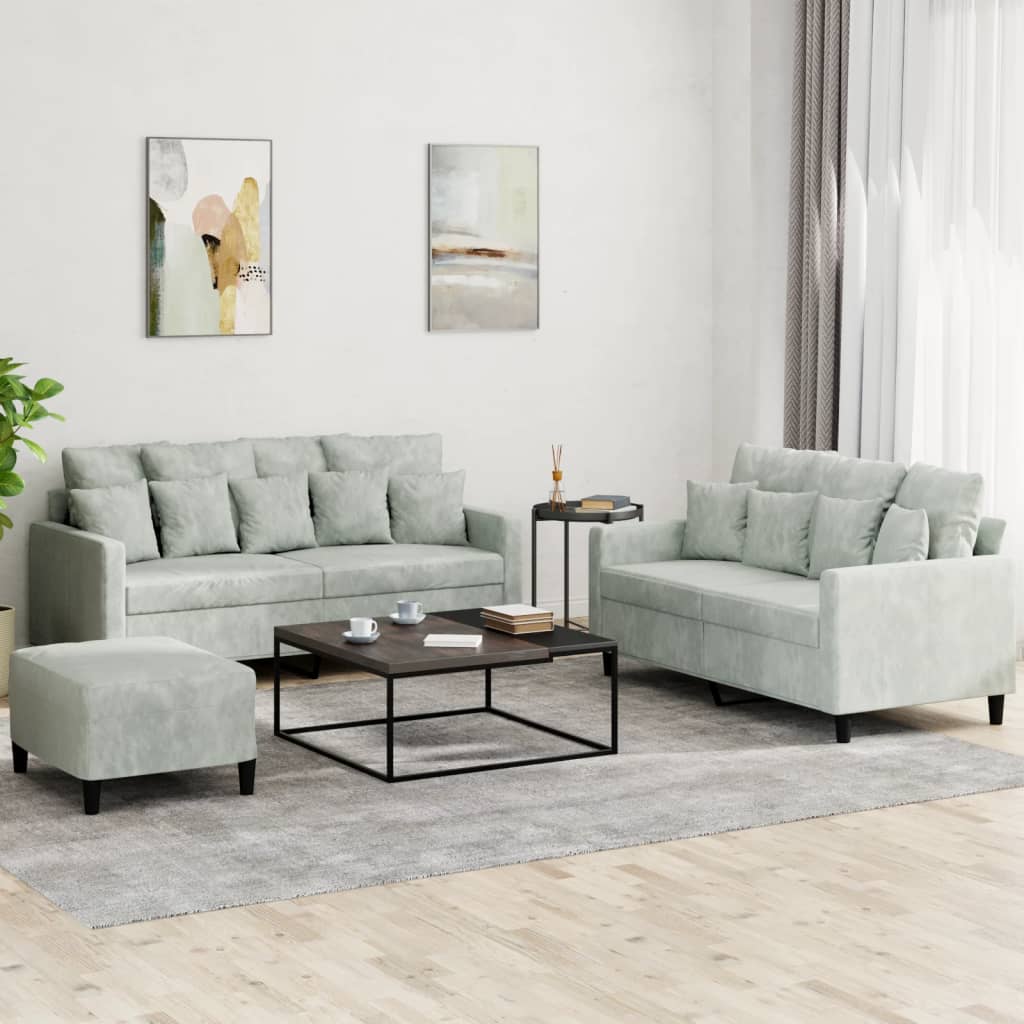 Set Di Divani 3 Pz Con Cuscini Grigio Chiaro In Velluto