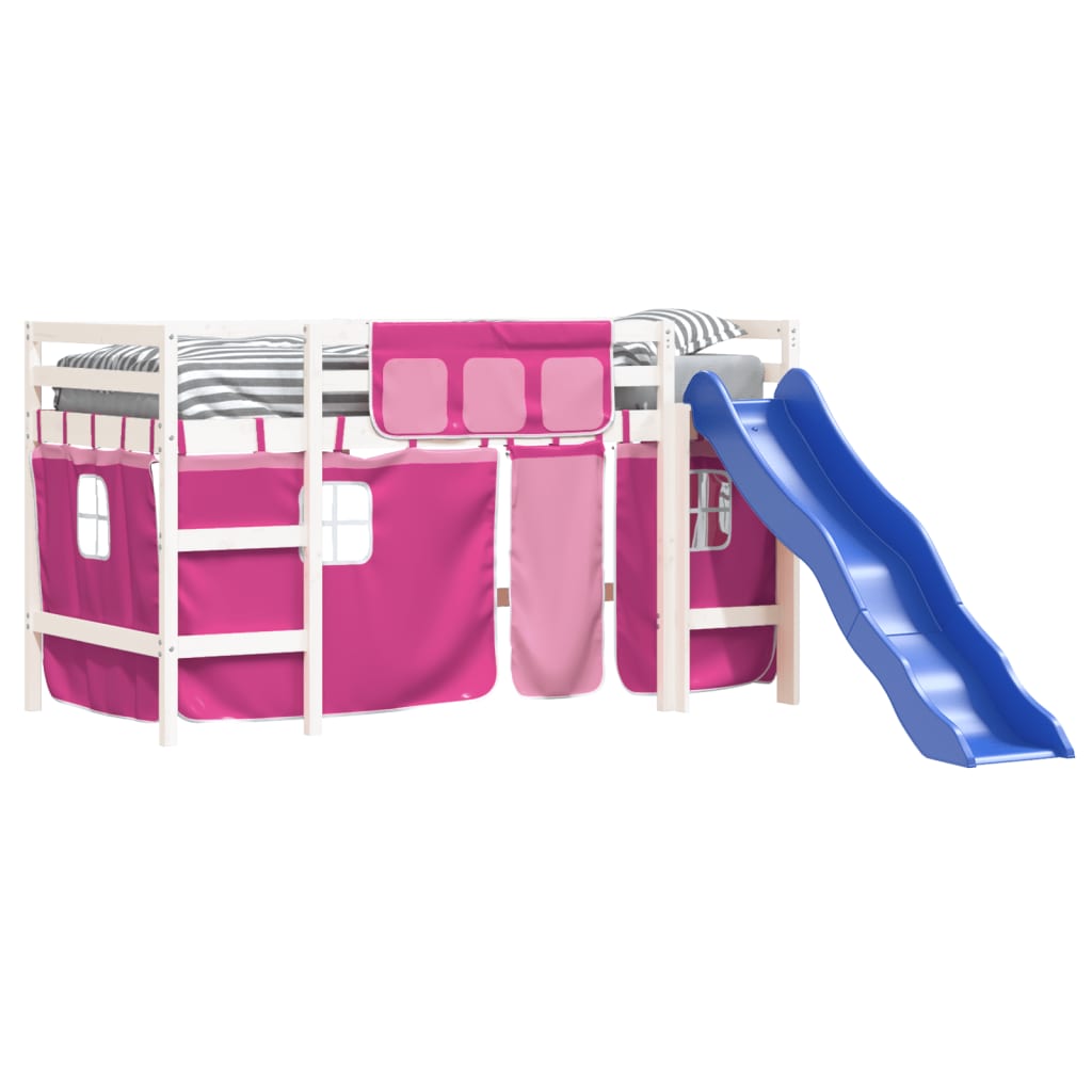 Letto A Soppalco Con Tende Bambini Rosa 90x190 Cm Massello Pino