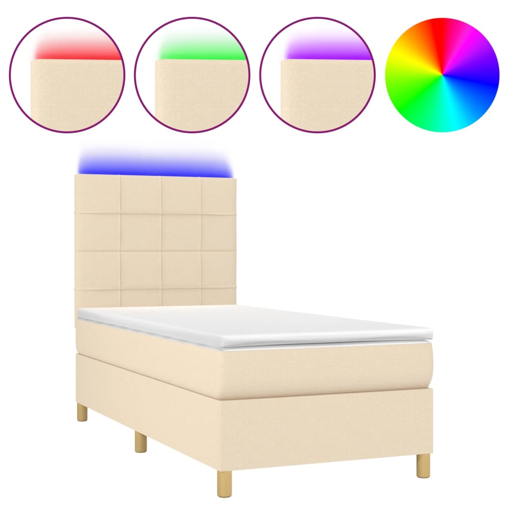 Letto A Molle Con Materasso E Led Crema 100x200cm In Tessuto