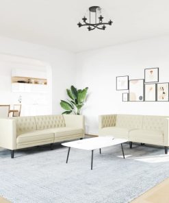 Set Divani Chesterfield 2pz Crema In Similpelle