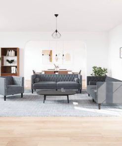 Set Divani Chesterfield 3pz Con Cuscini Grigio Scuro Velluto