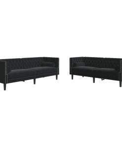 Set Divani Chesterfield 2pz Con Cuscini Nero Velluto