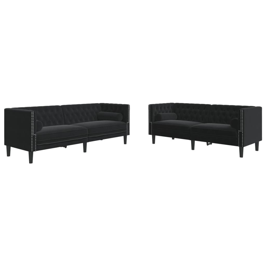 Set Divani Chesterfield 2pz Con Cuscini Nero Velluto