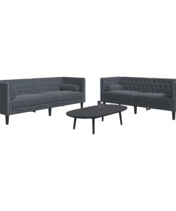 Set Divani Chesterfield 2pz Con Cuscini Grigio Scuro Velluto