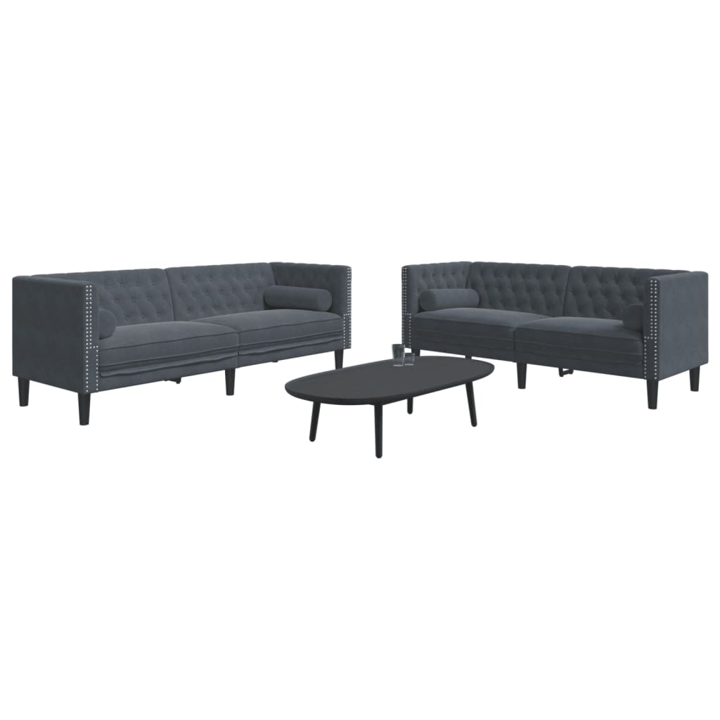 Set Divani Chesterfield 2pz Con Cuscini Grigio Scuro Velluto