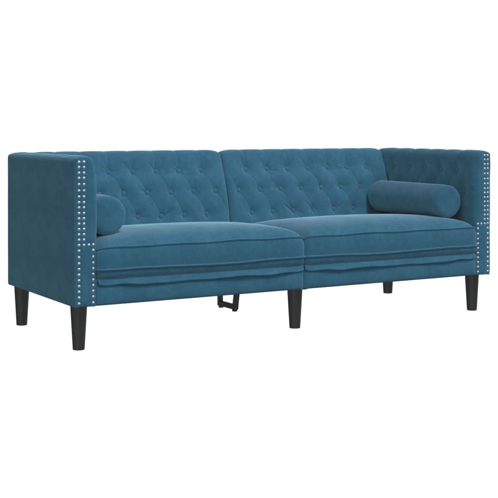 Set Divani Chesterfield 2pz Con Cuscini Blu Velluto