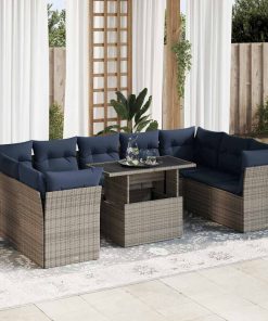 Divano Giardino 10 Pz Con Cuscini Grigio In Polyrattan Acacia