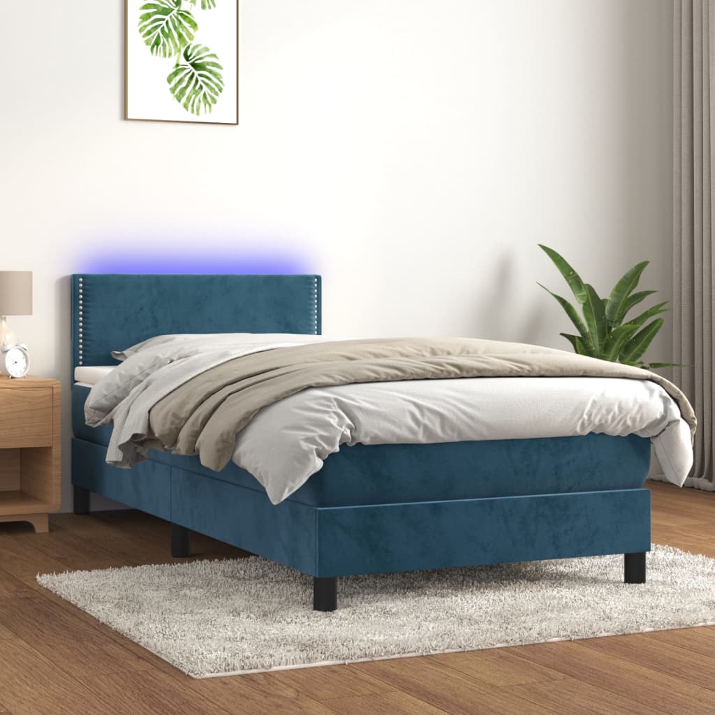 Letto A Molle Con Materasso E Led Blu Scuro 90x200cm In Velluto