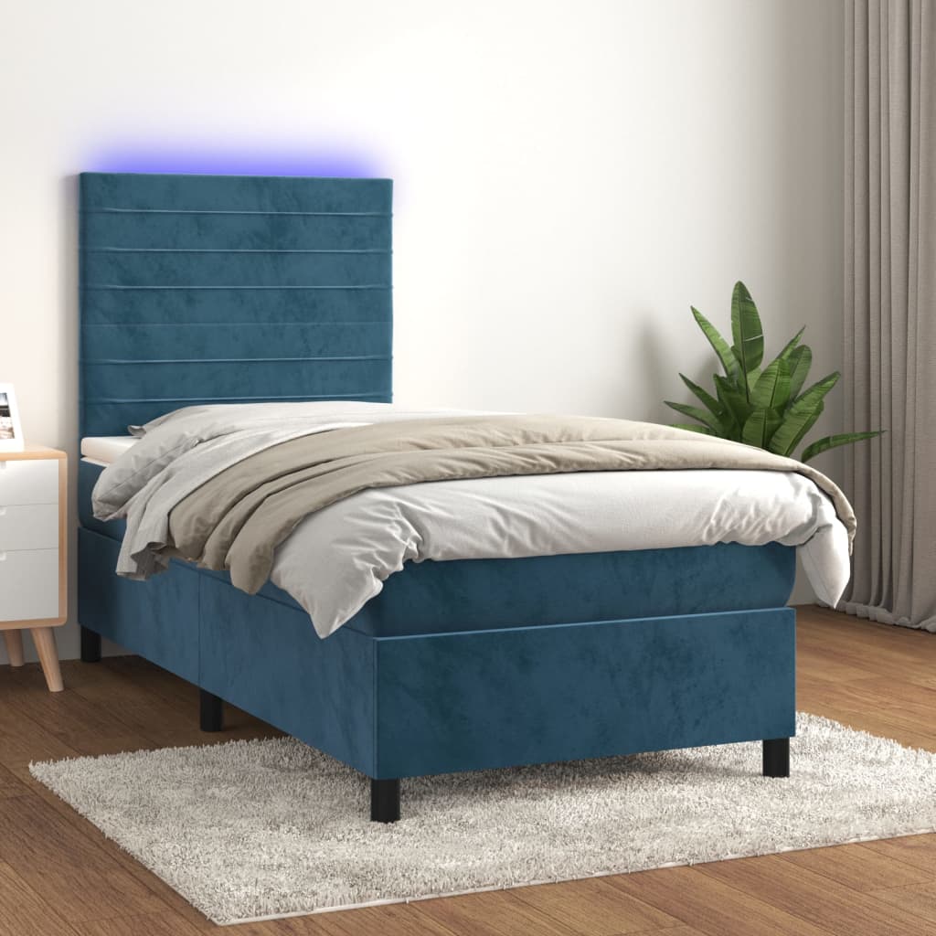 Letto A Molle Con Materasso E Led Blu Scuro 90x200cm In Velluto