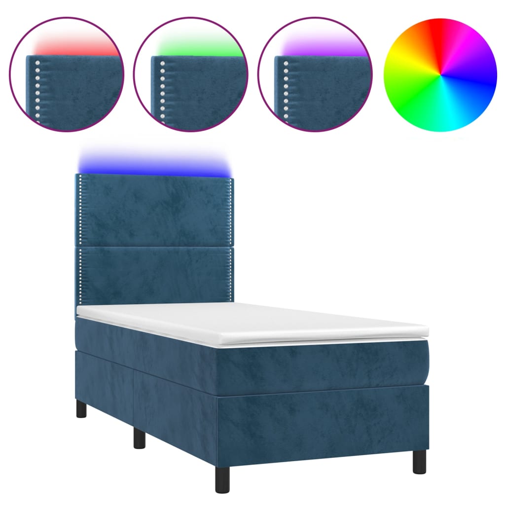 Letto A Molle Con Materasso E Led Blu Scuro 90x200cm In Velluto