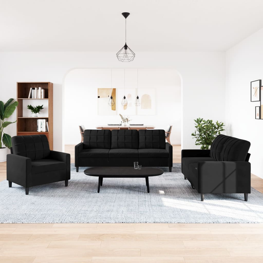 Set Di Divani 3 Pz Con Cuscini Nero In Velluto - Image 2