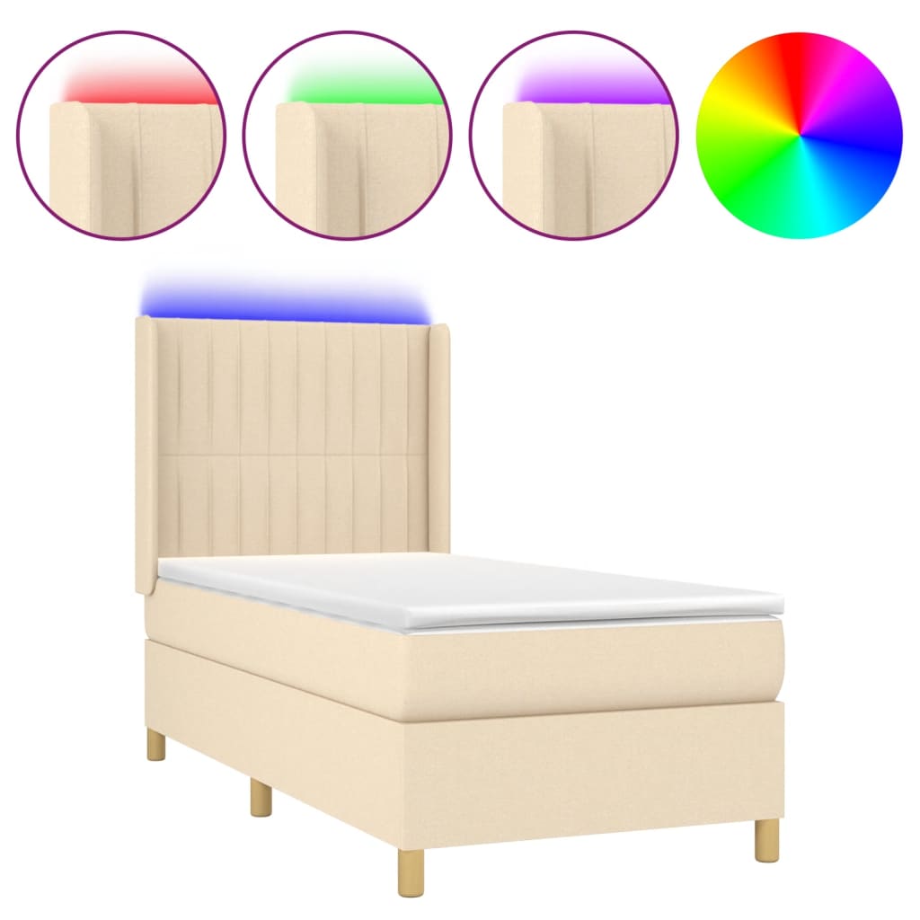 Letto A Molle Con Materasso E Led Crema 100x200cm In Tessuto