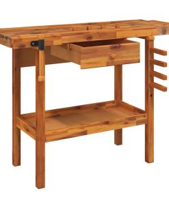 Banco Da Lavoro Con Cassetto E Morse 124x52x83 Cm In Legno Massello Di Acacia