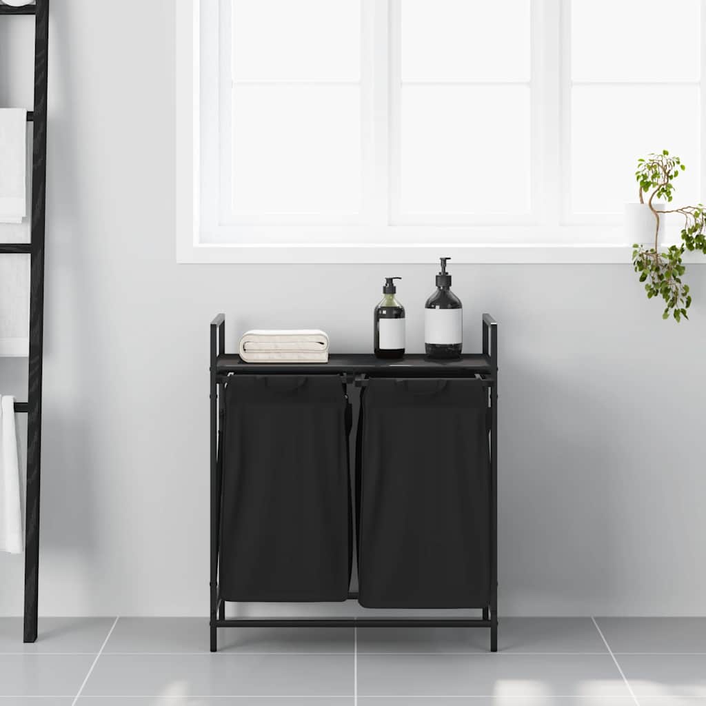 Cesto Per La Biancheria 2 Scomparti Con Ripiano Rovere Nero