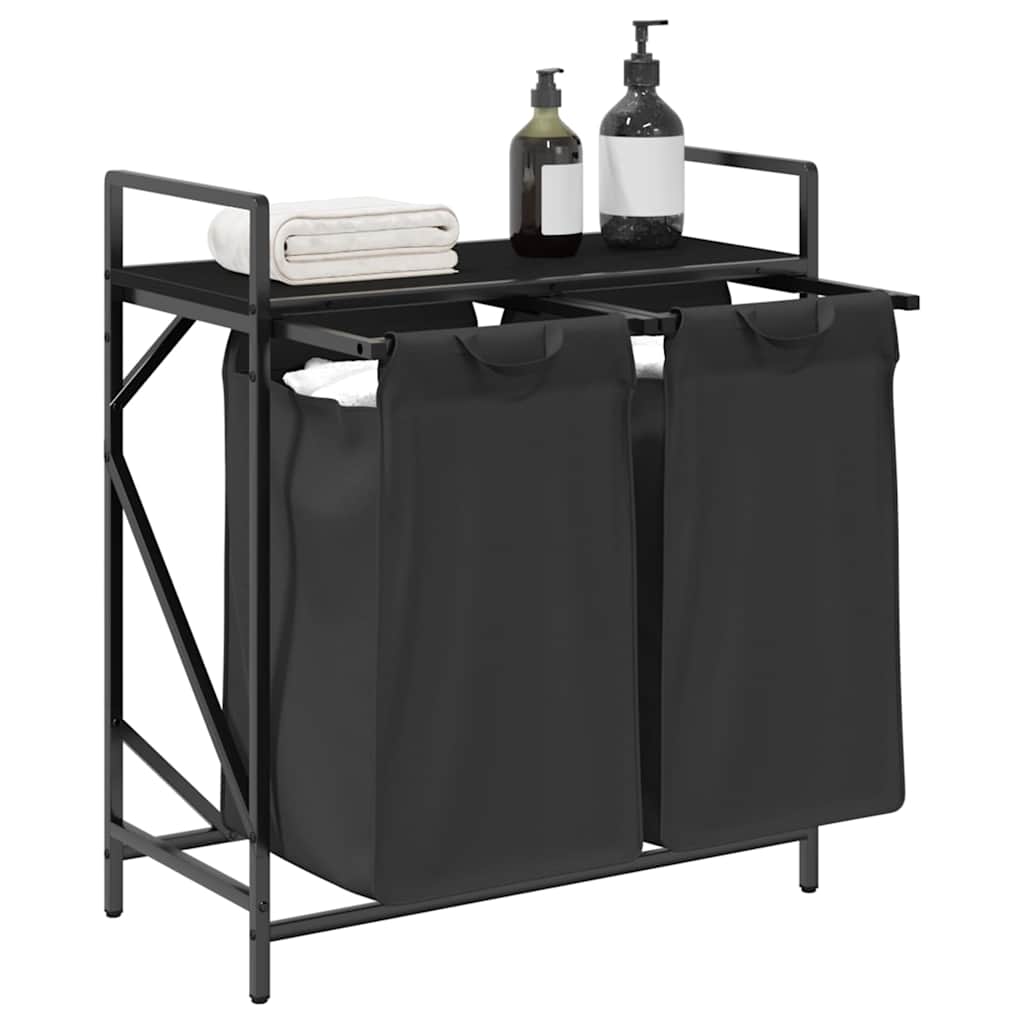 Cesto Per La Biancheria 2 Scomparti Con Ripiano Rovere Nero - Image 3