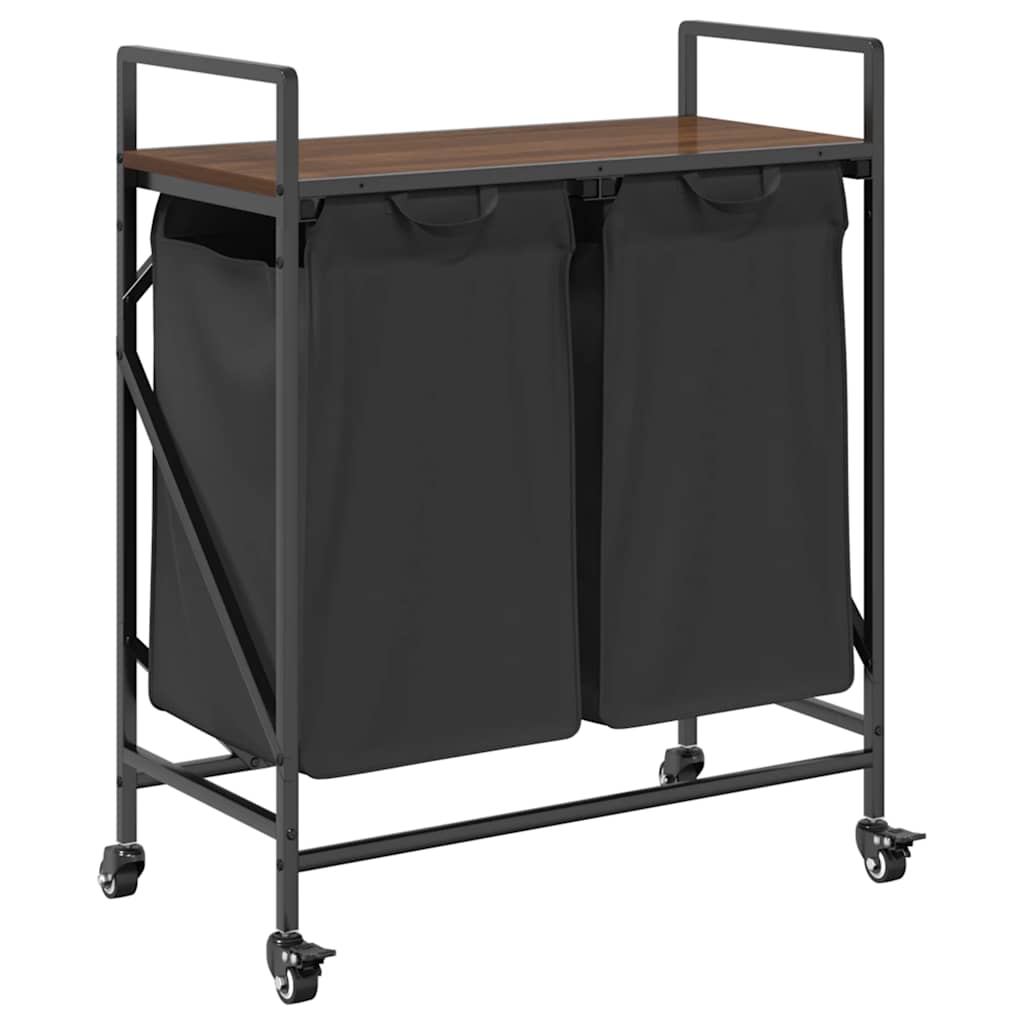 Cesto Portabiancheria 2 Scomparti Con Ruote Rovere Marrone - Image 3