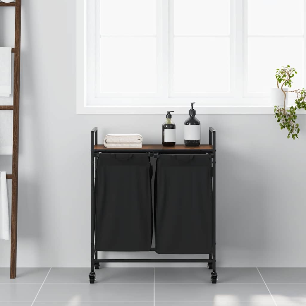 Cesto Portabiancheria 2 Scomparti Con Ruote Rovere Marrone - Image 6