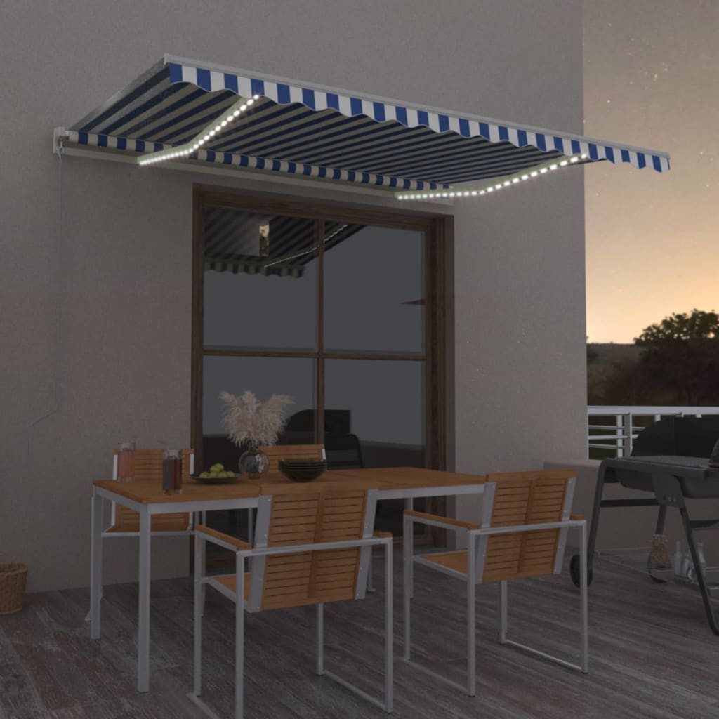 Tenda Da Sole Retrattile Manuale Con Led 400x300cm Blu E Bianco