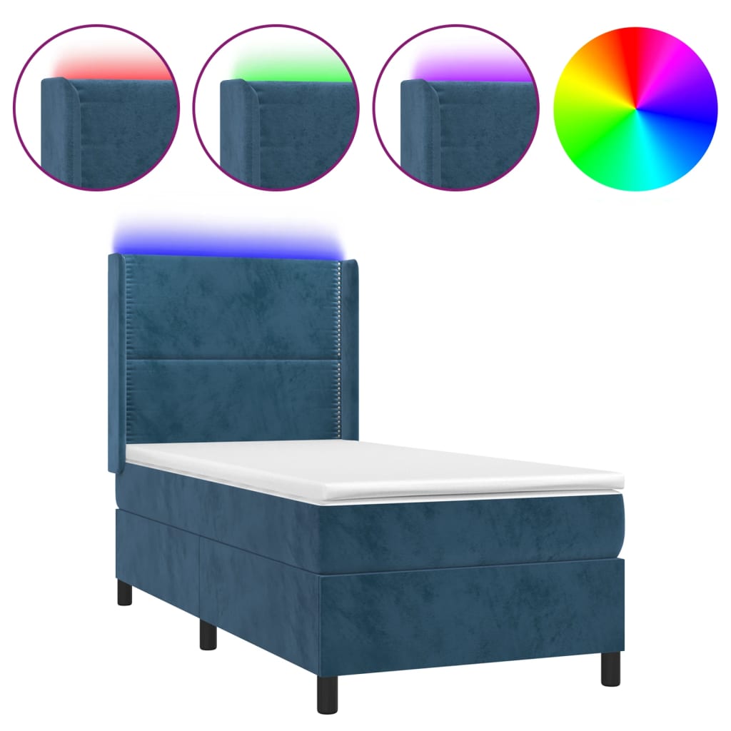 Letto A Molle Con Materasso E Led Blu Scuro 90x190cm In Velluto