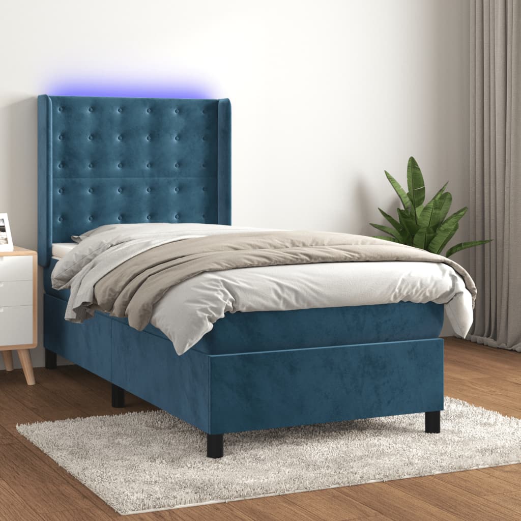 Letto A Molle Con Materasso E Led Blu Scuro 90x190cm In Velluto