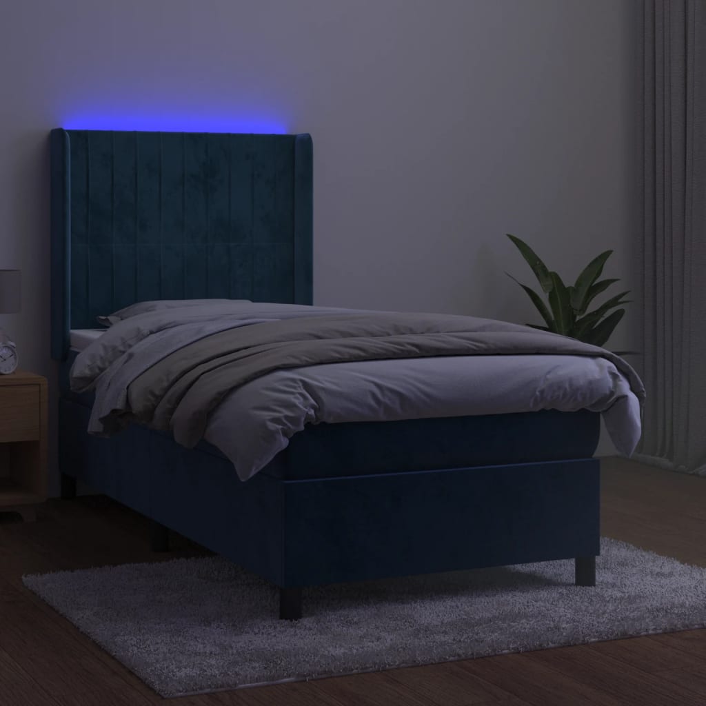 Letto A Molle Con Materasso E Led Blu Scuro 90x190cm In Velluto