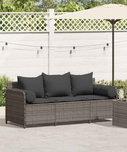 Divano Da Giardino Con Cuscini 3 Posti Grigio In Polyrattan
