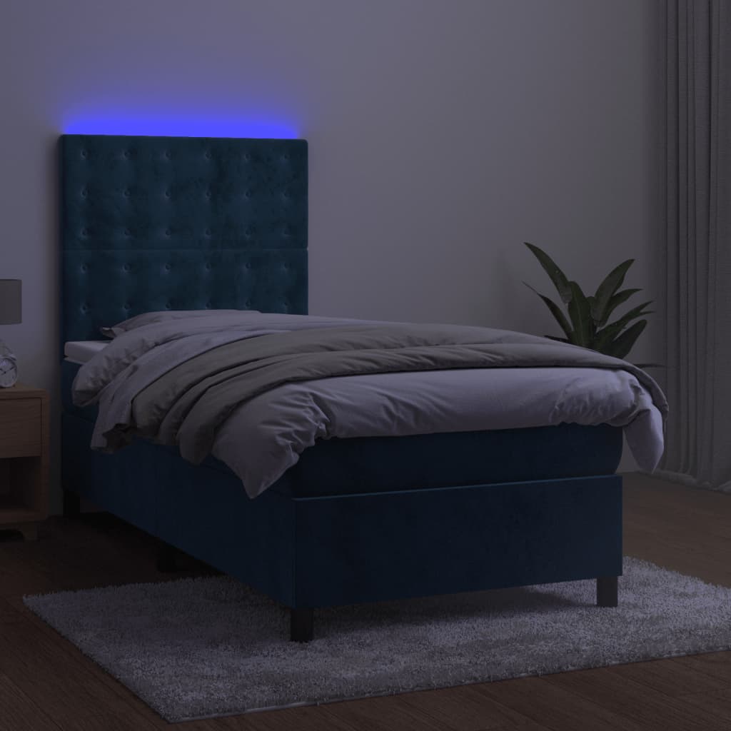 Letto A Molle Con Materasso E Led Blu Scuro 90x190cm In Velluto