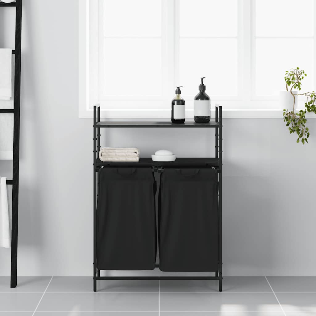 Cesto Della Biancheria 2 Scomparti Con Ripiani Rovere Nero - Image 6