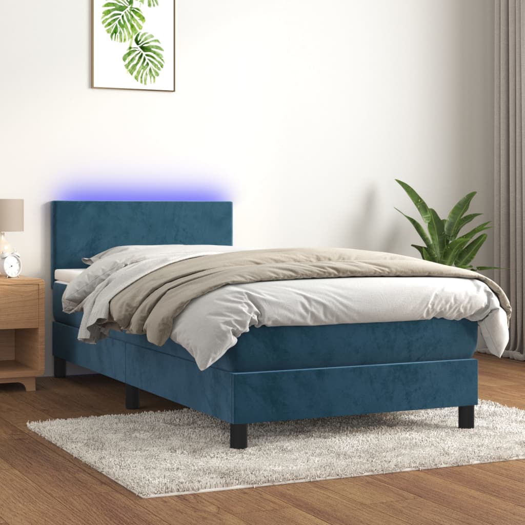 Letto A Molle Con Materasso E Led Blu Scuro 90x190cm In Velluto