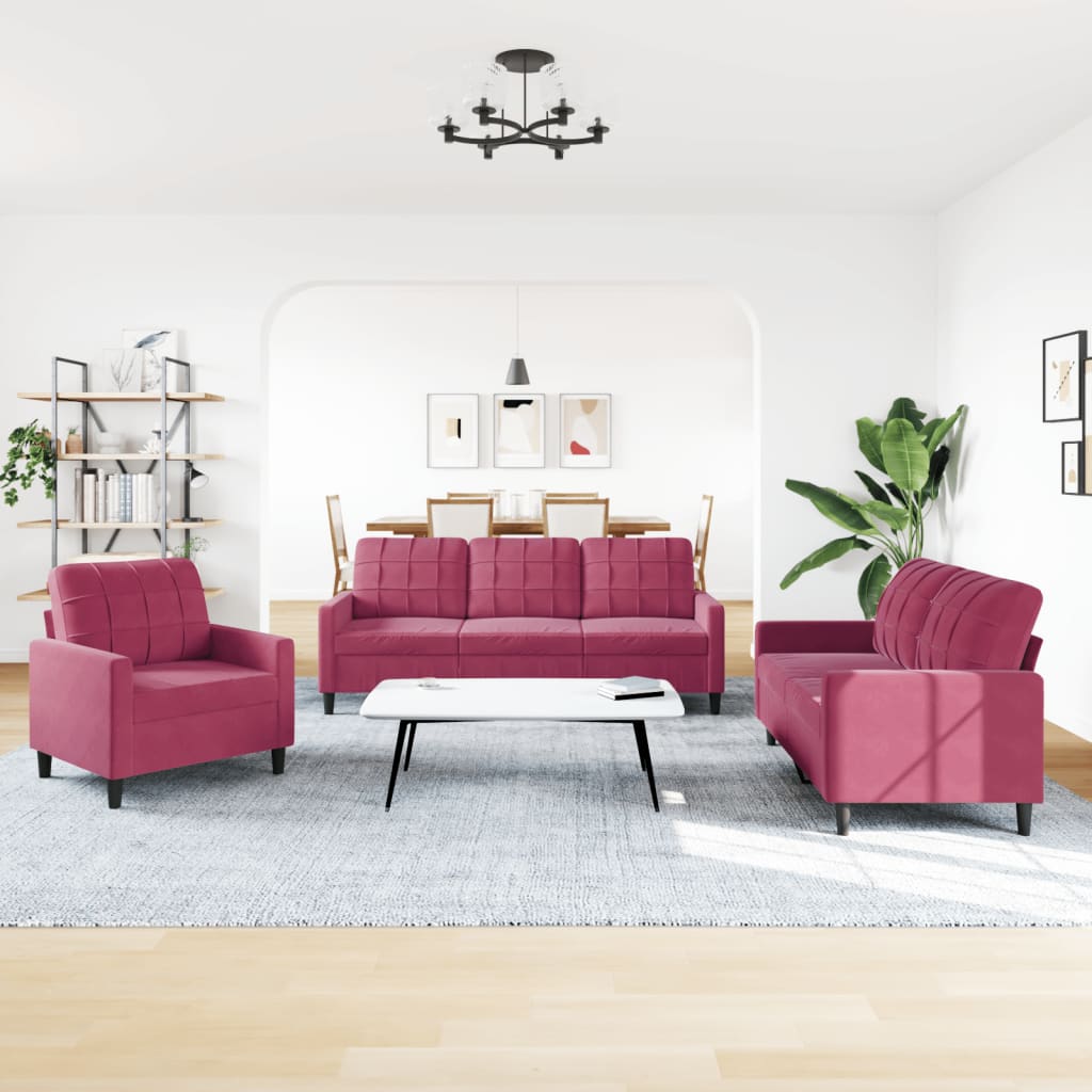 Set Di Divani 3 Pz Con Cuscini Rosso Vino In Velluto - Image 3