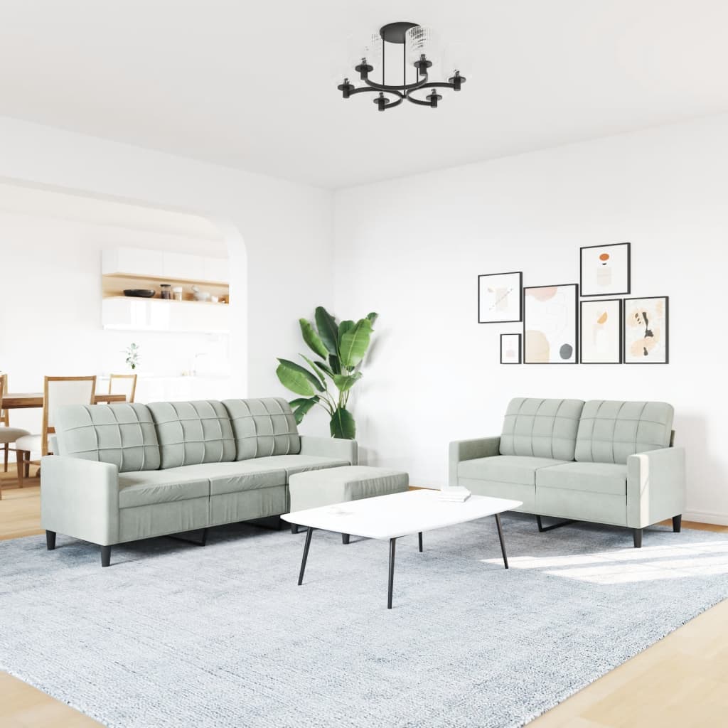 Set Di Divani 3 Pz Con Cuscini Grigio Chiaro In Velluto