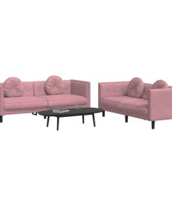 Set Di Divani 2 Pz Con Cuscini Rosa In Velluto
