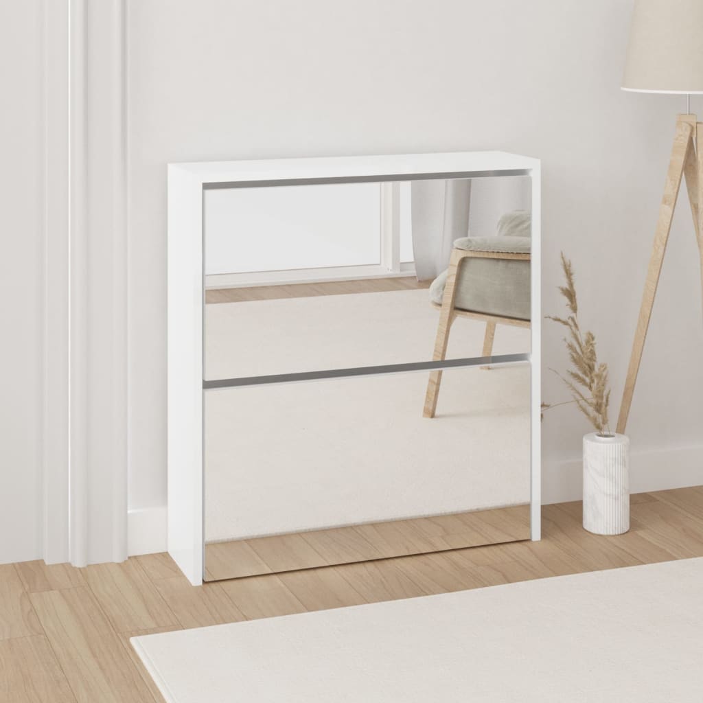 Scarpiera Con Specchio A 2 Livelli Bianco Lucido 63x17x67 cm