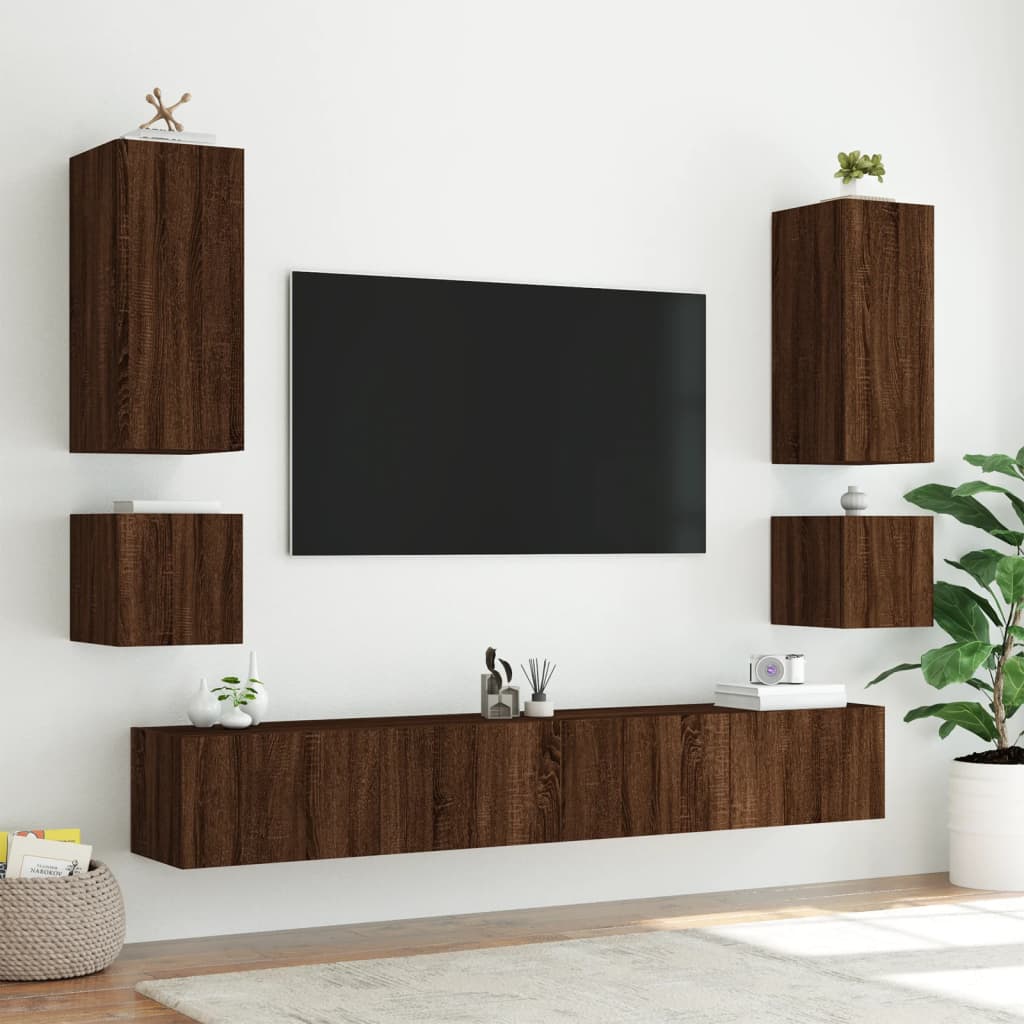 Mobili Tv A Parete Con Luci Led 2pz Rovere Marrone 40,5x35x40cm