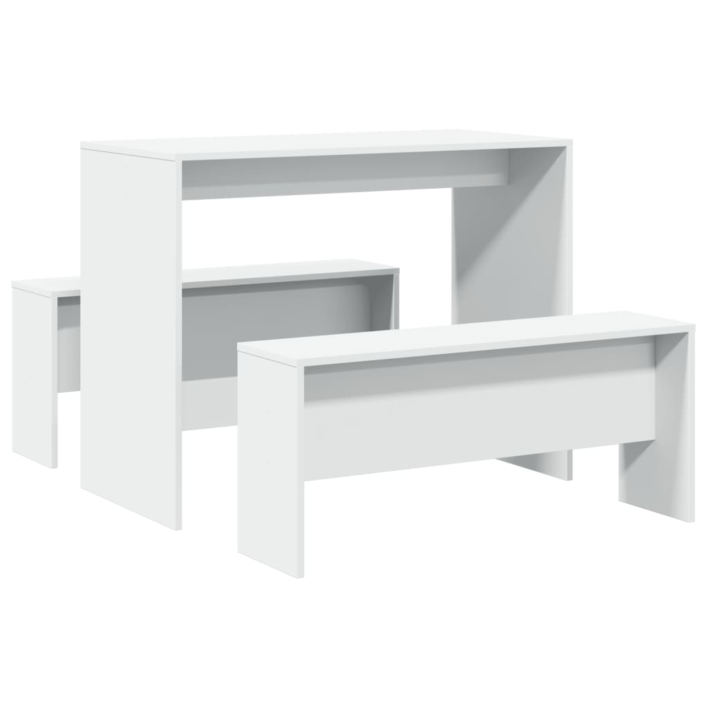 Set Tavolo Da Pranzo Con Panche 3 Pz Bianco In Truciolato