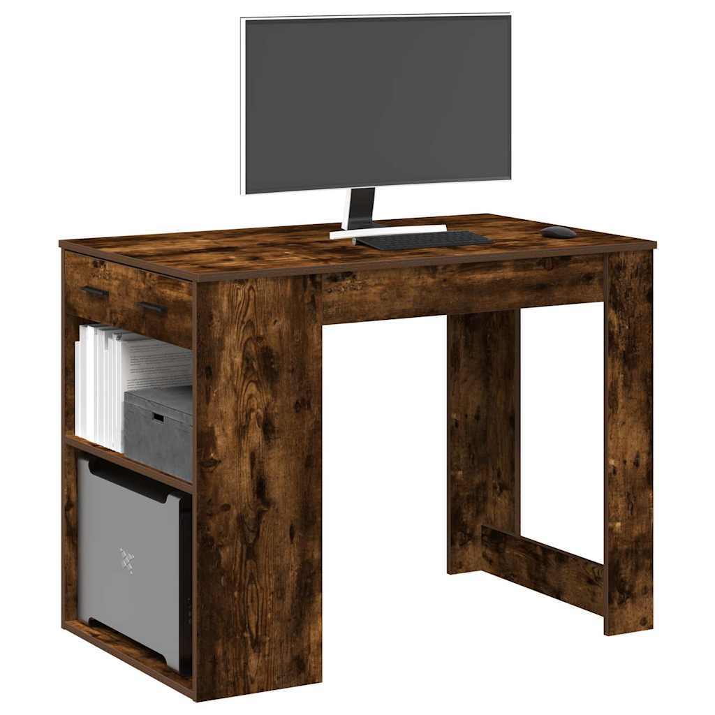 Scrivania Con Cassetto E Ripiano Rovere Fumo Legno Multistrato