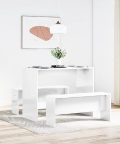 Set Tavolo Da Pranzo E Panche 3 Pz Bianco Lucido In Truciolato