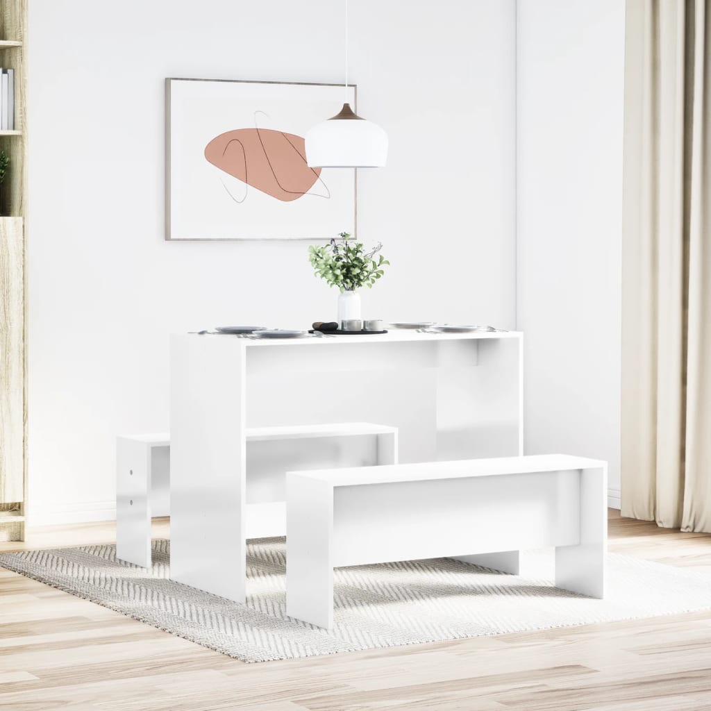 Set Tavolo Da Pranzo E Panche 3 Pz Bianco Lucido In Truciolato