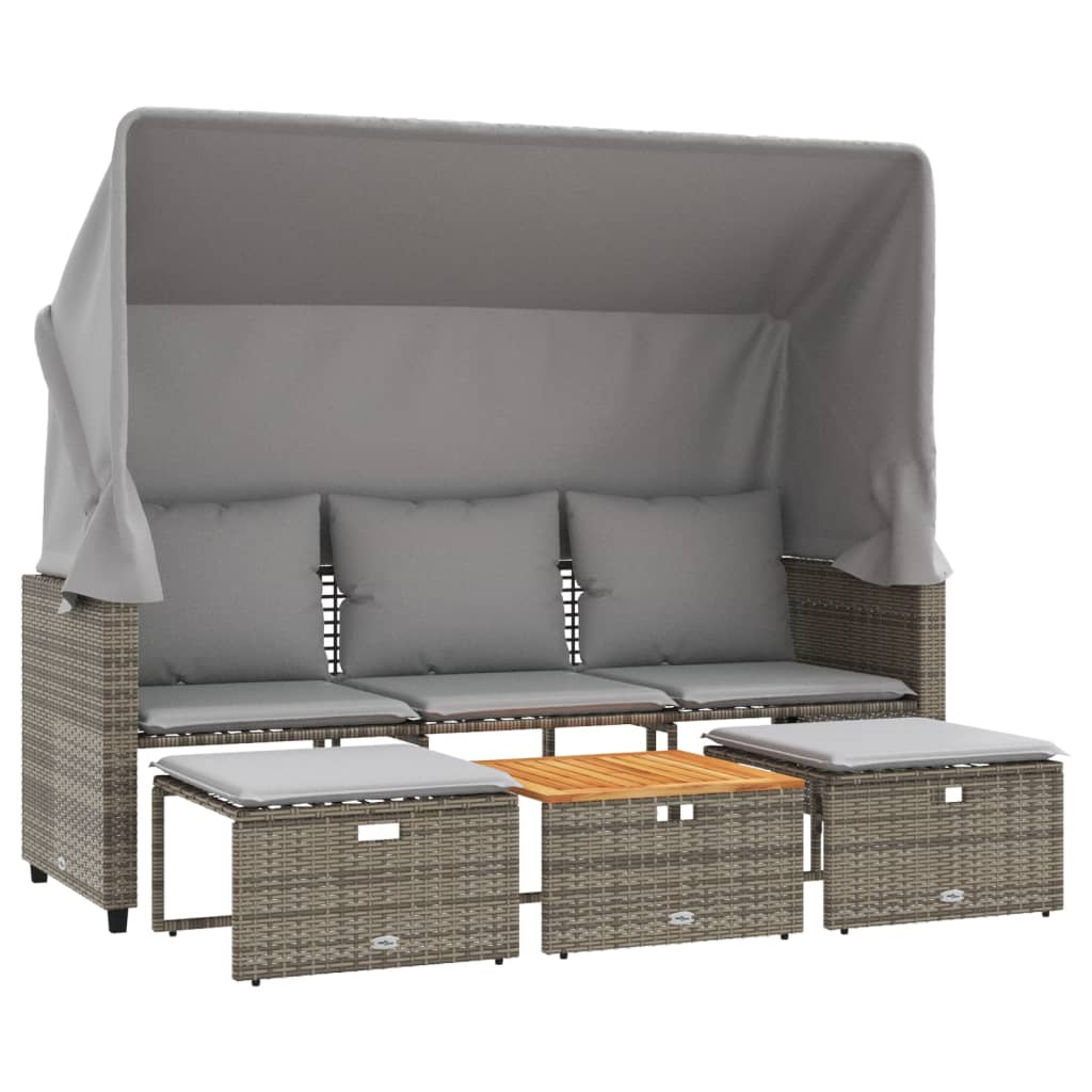 Divano Giardino 3 Posti Con Tetto E Sgabelli Grigio Polyrattan - Image 4