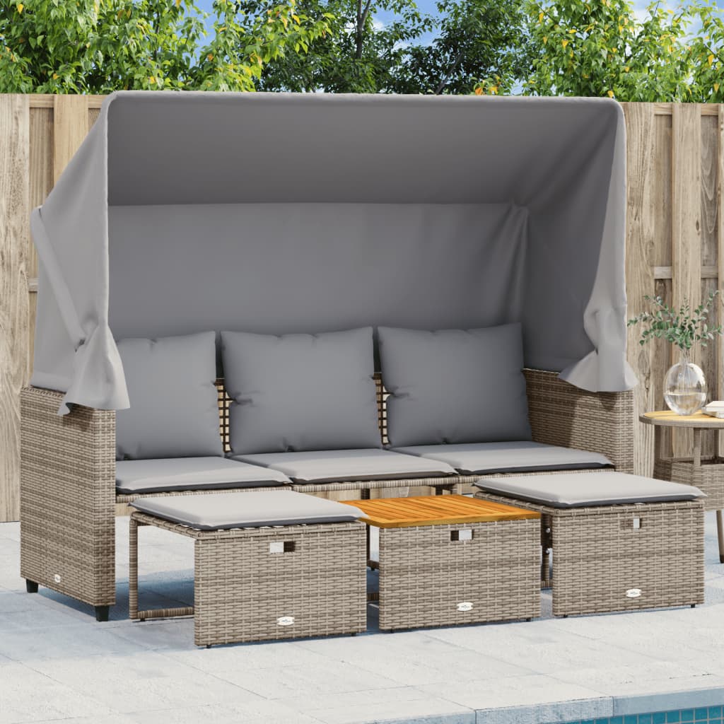 Divano Giardino 3 Posti Con Tetto E Sgabelli Grigio Polyrattan - Image 3