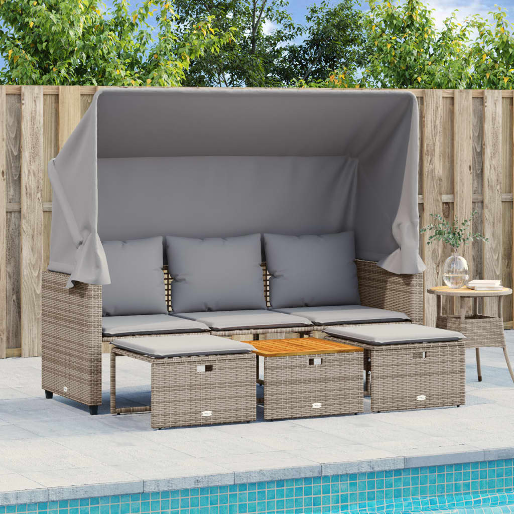 Divano Giardino 3 Posti Con Tetto E Sgabelli Grigio Polyrattan - Image 2
