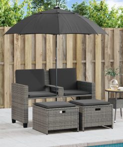 Divano Giardino 2posti Ombrellone E Sgabelli Grigio Polyrattan