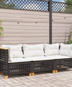 Divano Da Giardino A 3 Posti Con Cuscini Nero In Polyrattan