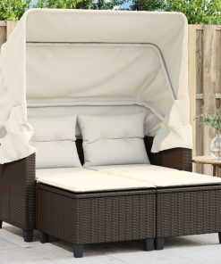 Divano Giardino 2 Posti Baldacchino Sgabelli Marrone Polyrattan