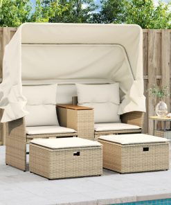 Divano Giardino 2 Posti Baldacchino E Sgabelli Beige Polyrattan