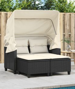 Divano Giardino 2 Posti Baldacchino E Sgabelli Nero Polyrattan