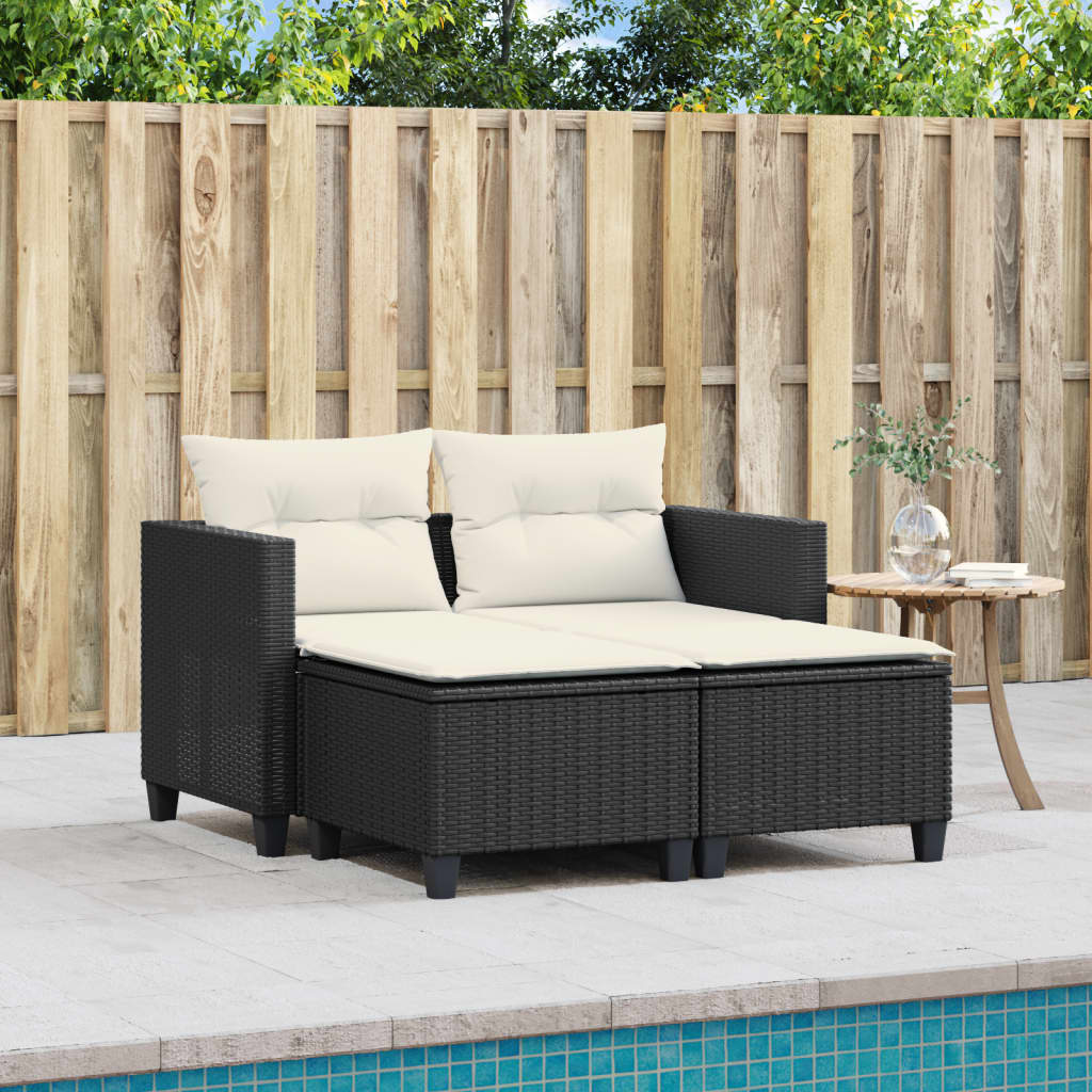 Divano Da Giardino 2 Posti Con Sgabelli Nero In Polyrattan