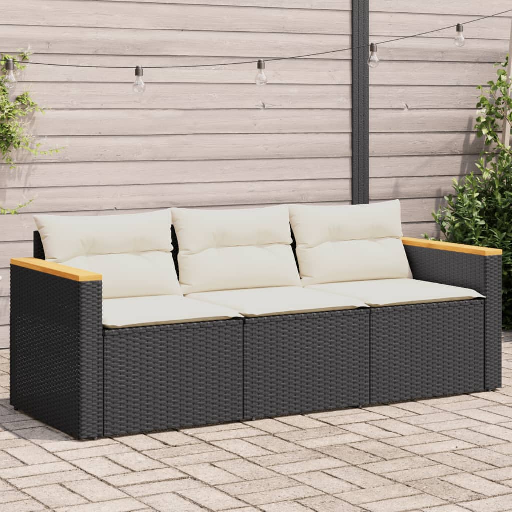 Divano Da Giardino A 3 Posti Con Cuscini Nero In Polyrattan